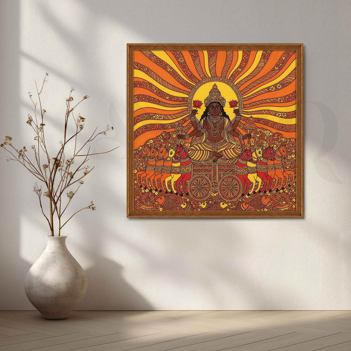 Surya Dev Seven Horses Madhubani Canvas Artwork – Asha Art Studio – Image 6