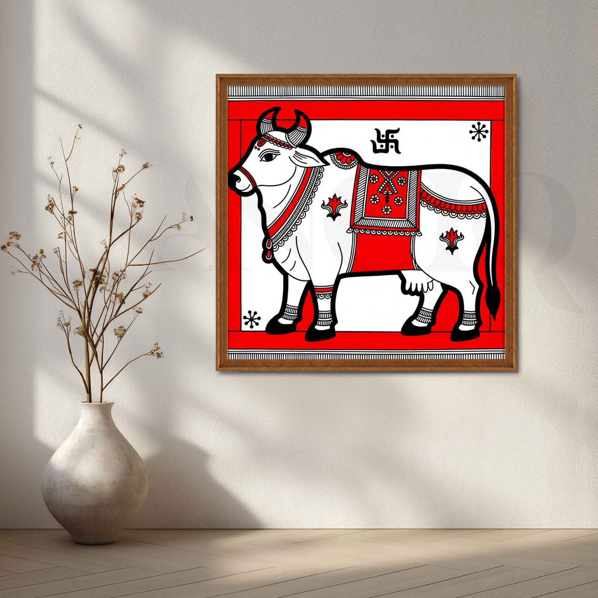 Sacred Cow Traditional Madhubani Canvas Artwork – Asha Art Studio – Image 6