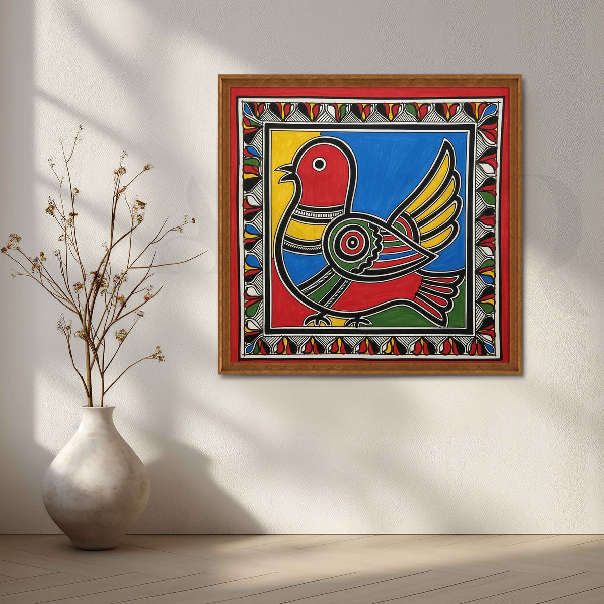 Colourful Folk Bird Madhubani Canvas Artwork – Asha Art Studio – Image 6