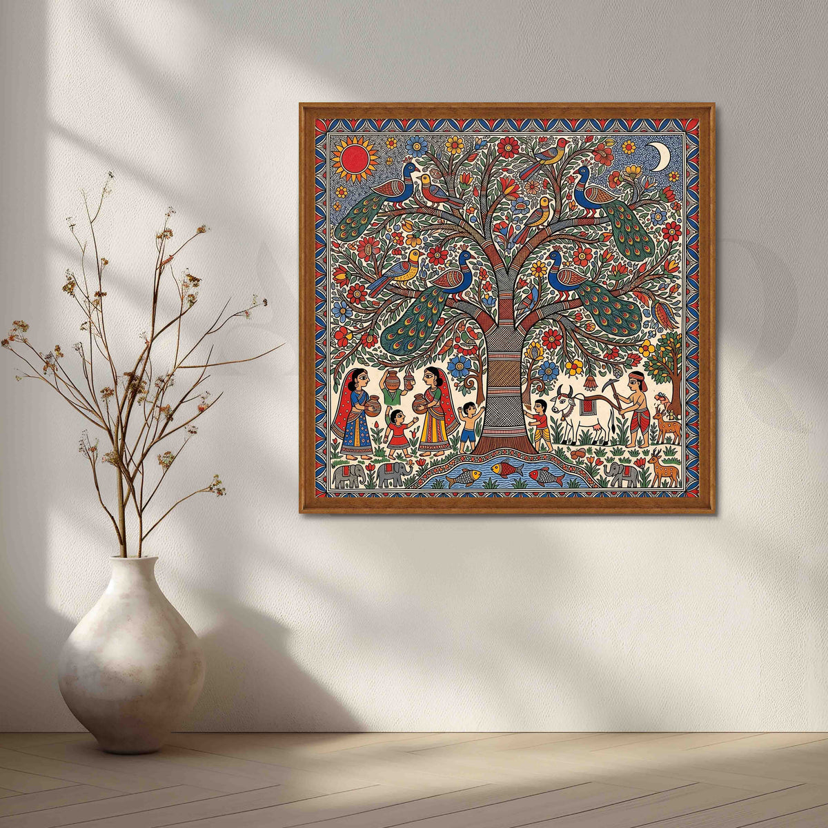 Peacock Tree of Life Madhubani Canvas Artwork – Asha Art Studio – Image 6