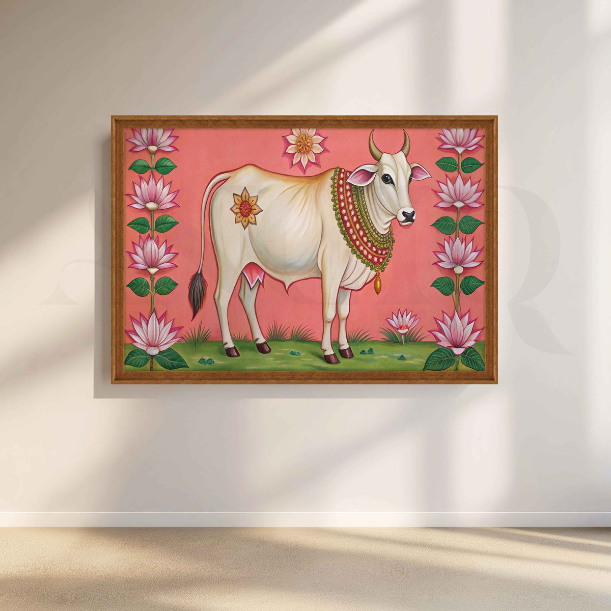 Lotus Framed Sacred Cow Canvas Artwork – Asha Art Studio – Image 6