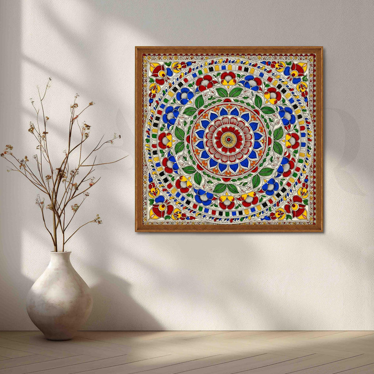 Traditional Floral Mandala Madhubani Canvas Artwork – Asha Art Studio – Image 6