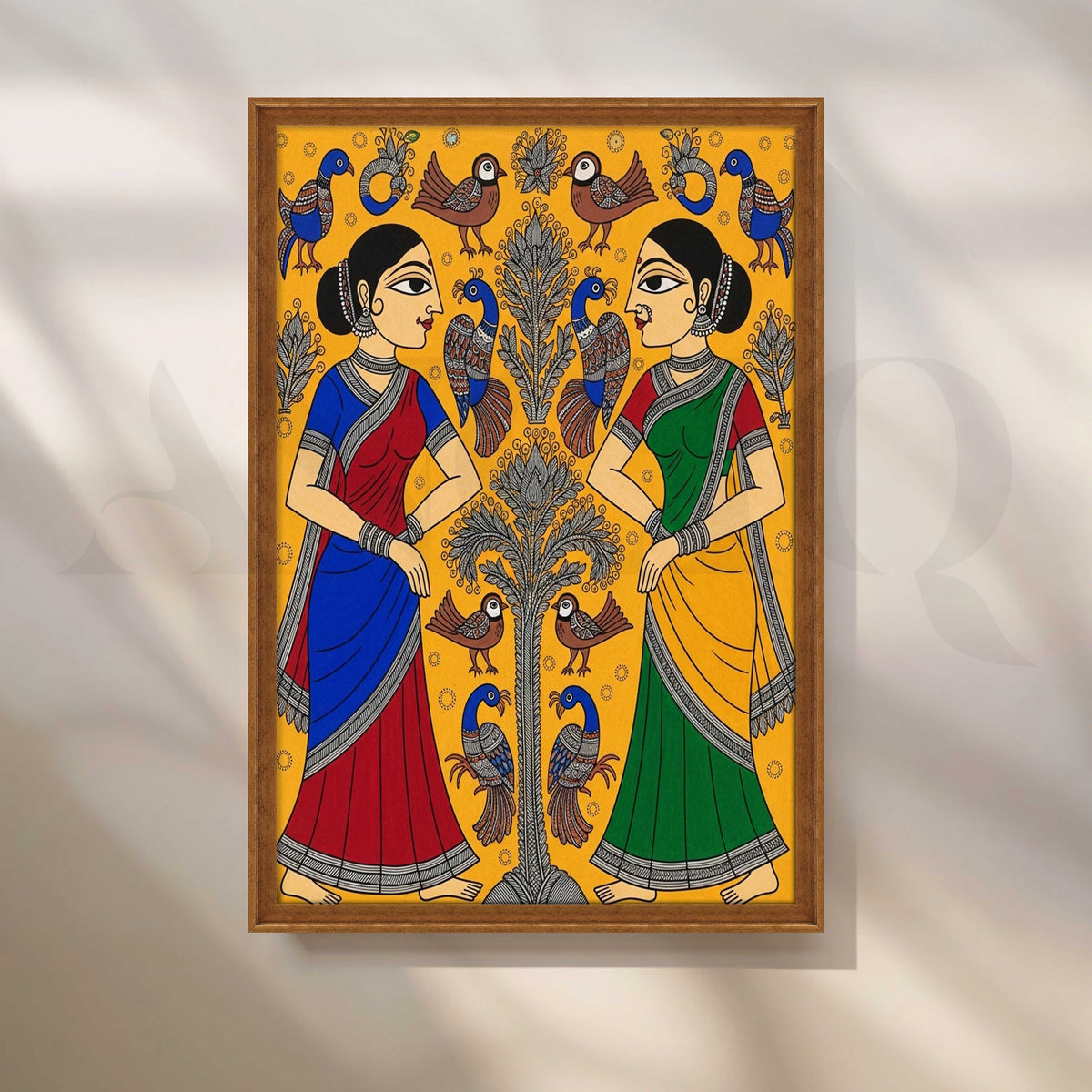 Traditional Women and Birds Madhubani Canvas Artwork – Asha Art Studio – Image 6
