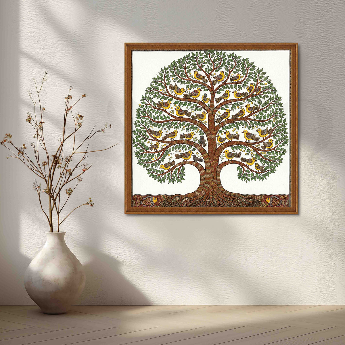 Birds Tree of Life Madhubani Canvas Artwork – Asha Art Studio – Image 6