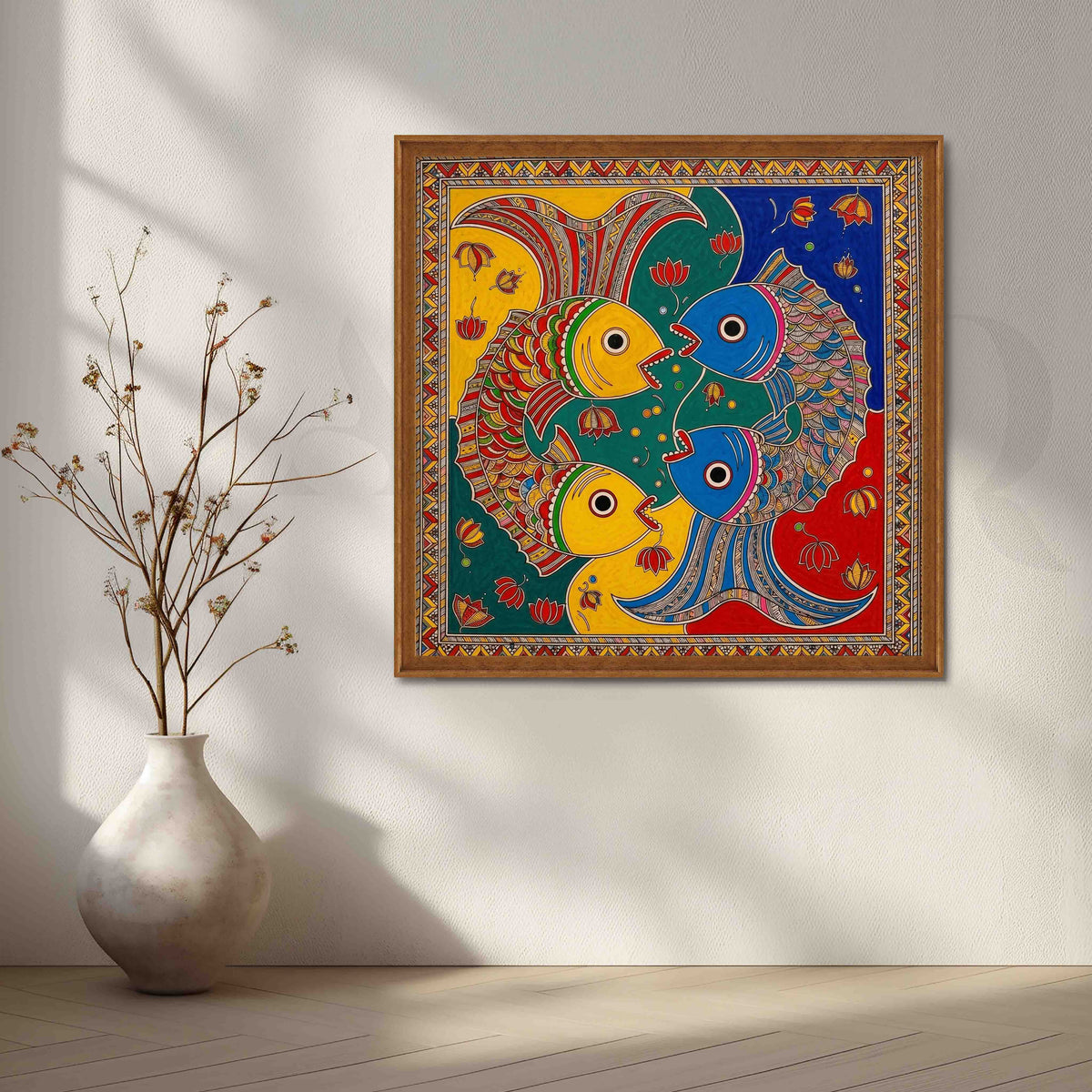Colourful Fish Motif Madhubani Canvas Artwork – Asha Art Studio – Image 6