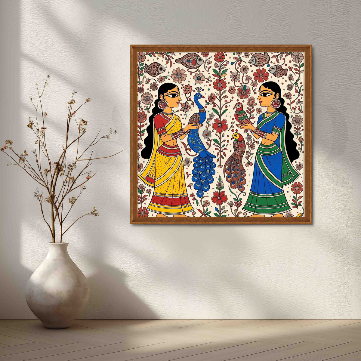 Traditional Women and Peacocks Madhubani Canvas Artwork – Asha Art Studio – Image 5