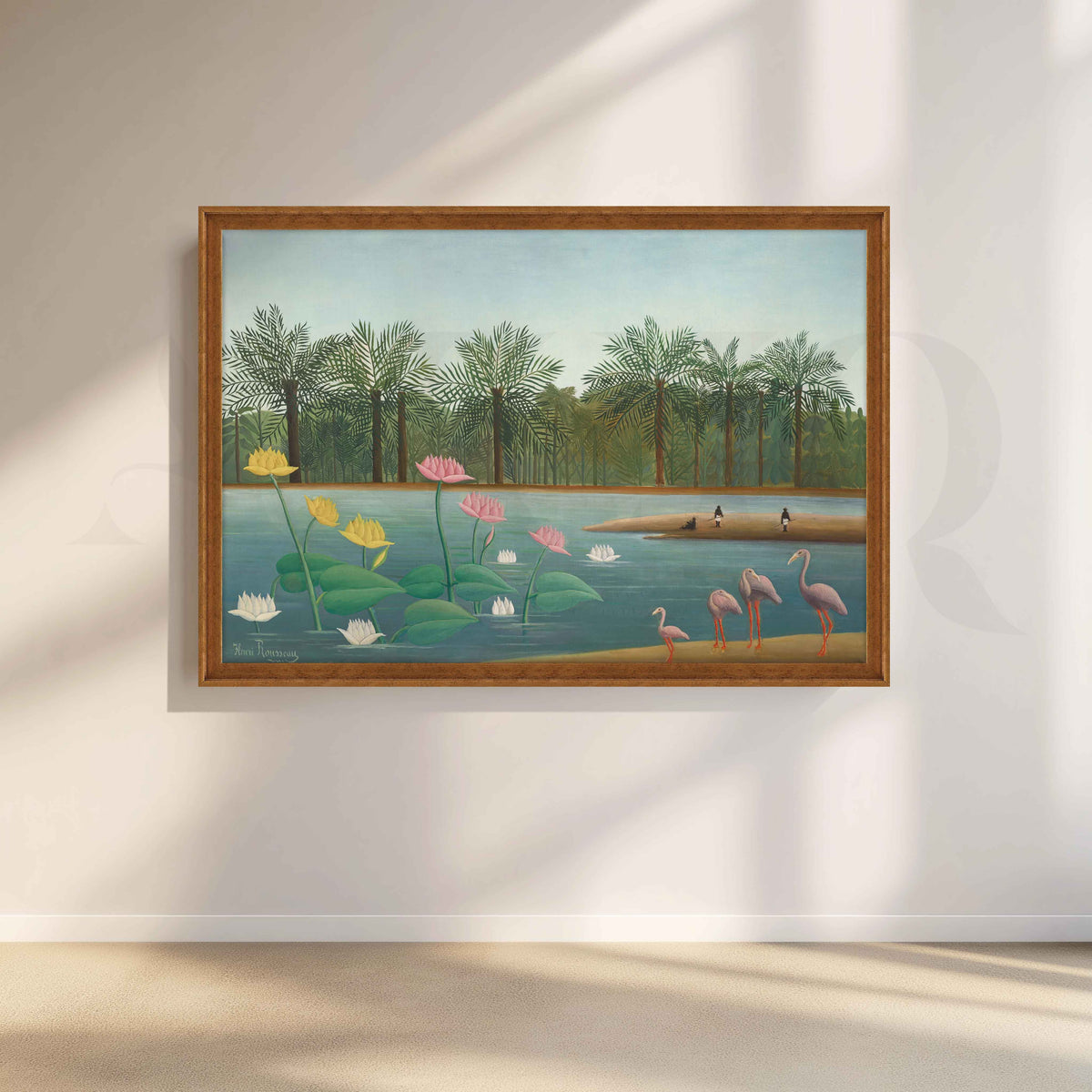 Tropical Lotus Lake with Flamingos Folk Art Canvas Artwork – Asha Art Studio – Image 6