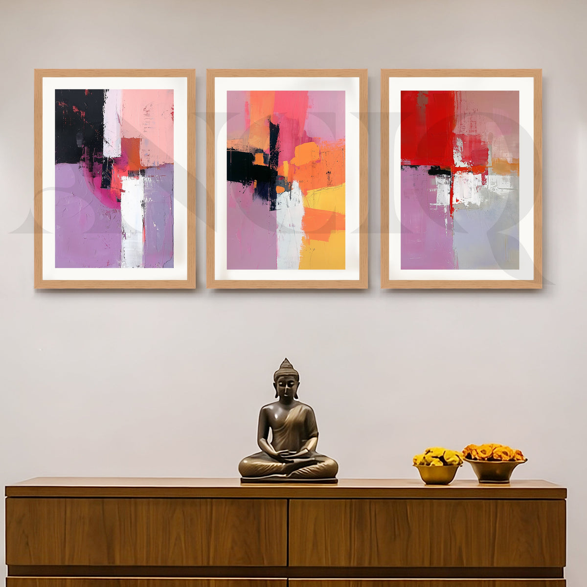 Blush & Crimson Abstract Gallery Wall – Set of 3 Contemporary Artworks - 18 x 24 Inches – Asha Art Studio – Image 5