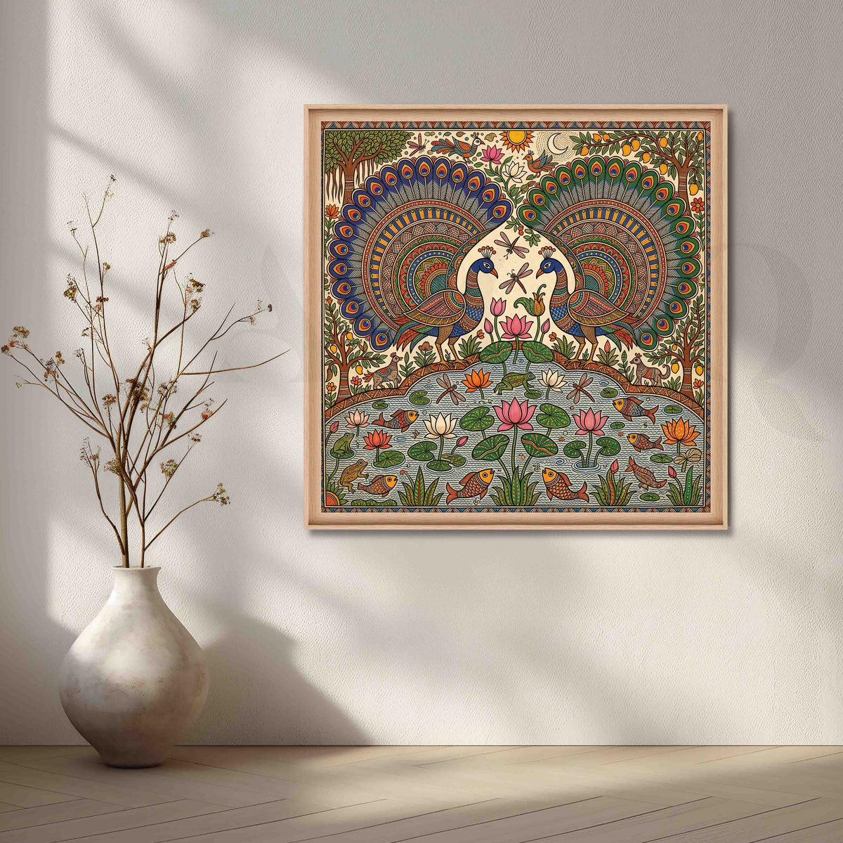 Peacock Lotus Pond Madhubani Canvas Artwork – Asha Art Studio – Image 5