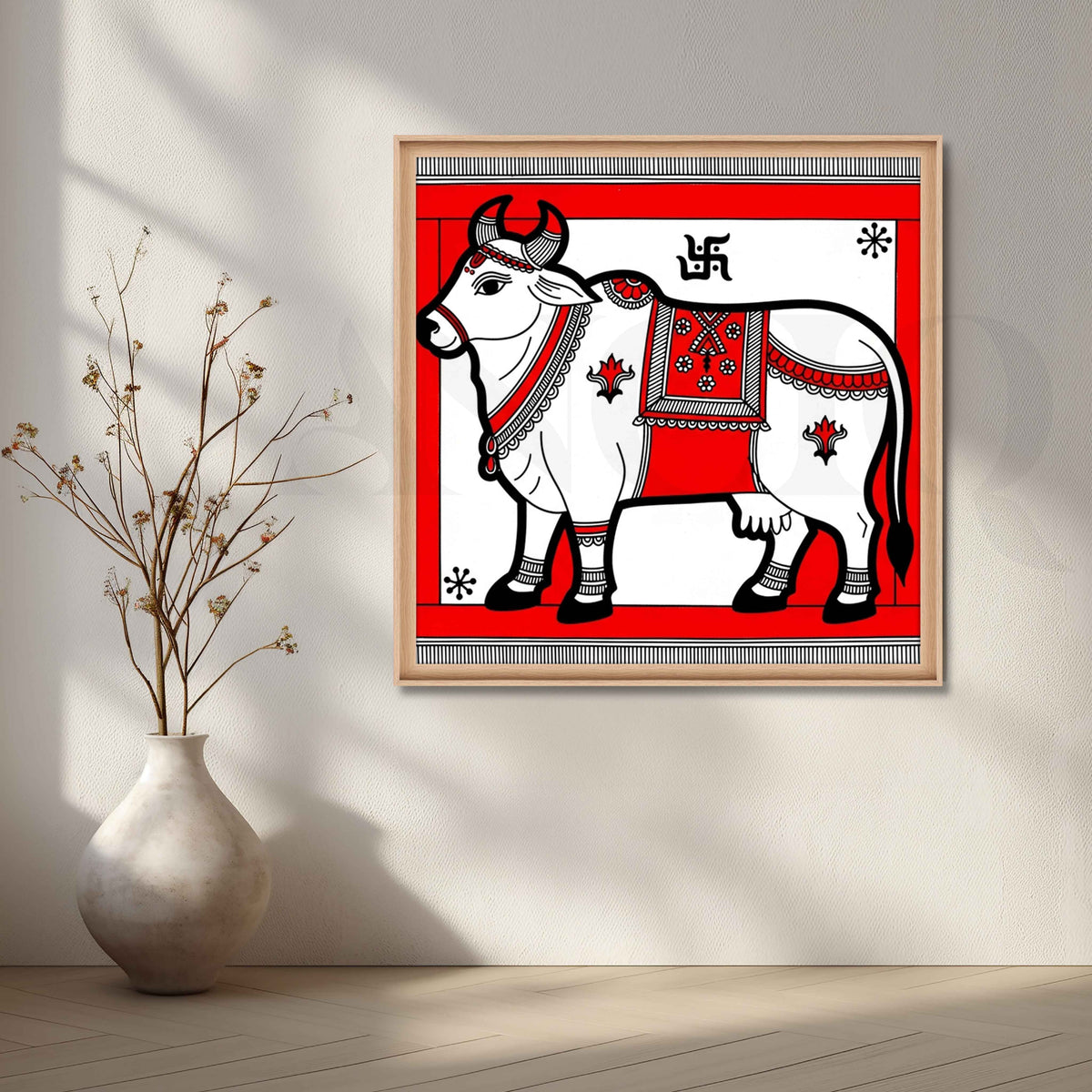 Sacred Cow Traditional Madhubani Canvas Artwork – Asha Art Studio – Image 5