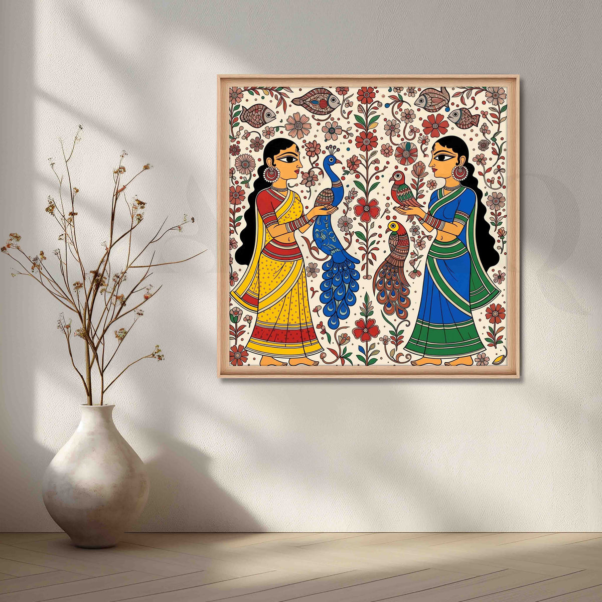 Traditional Women and Peacocks Madhubani Canvas Artwork – Asha Art Studio – Image 4