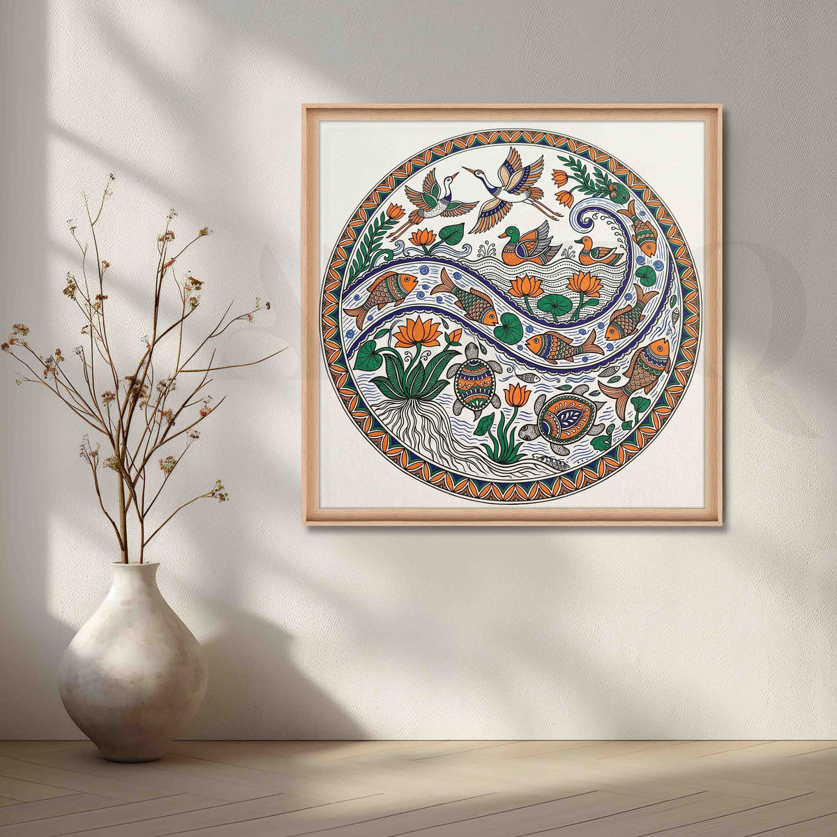 Aquatic Life Mandala Madhubani Canvas Artwork – Asha Art Studio – Image 5