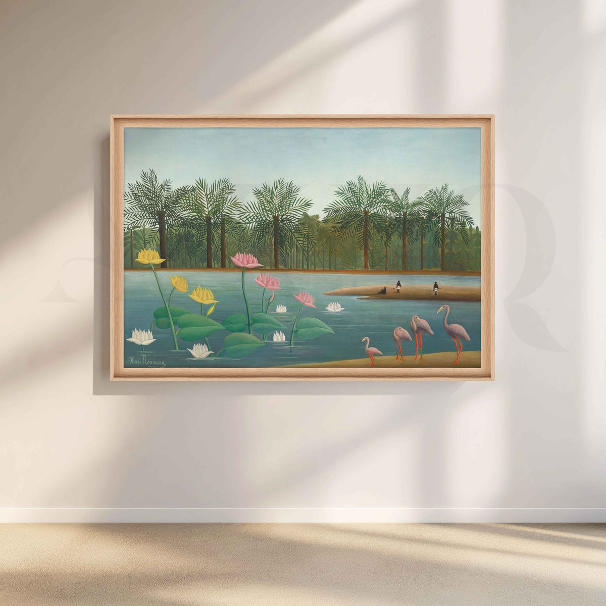 Tropical Lotus Lake with Flamingos Folk Art Canvas Artwork – Asha Art Studio – Image 5