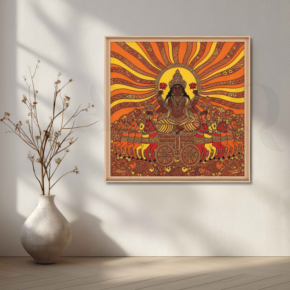 Surya Dev Seven Horses Madhubani Canvas Artwork – Asha Art Studio – Image 5