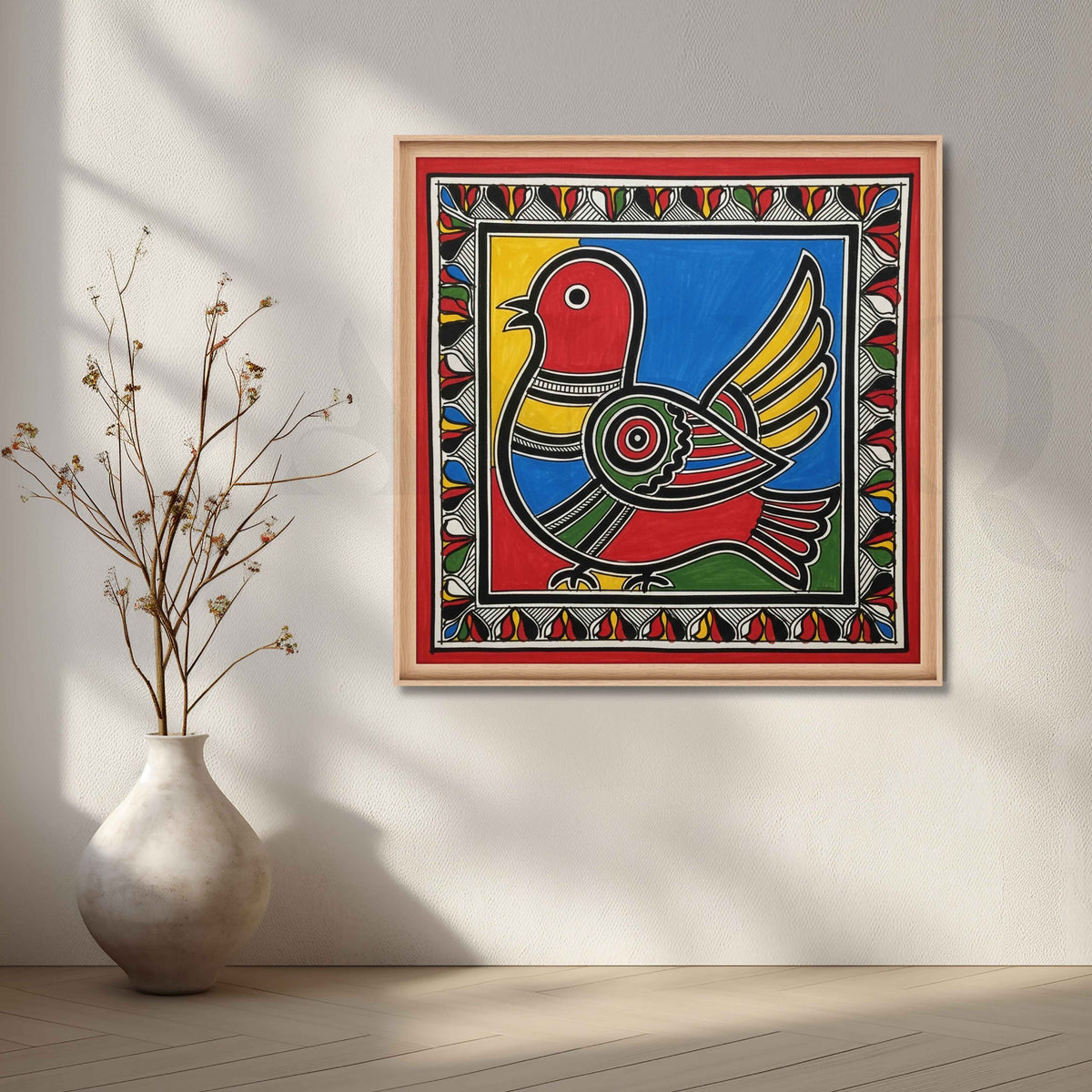 Colourful Folk Bird Madhubani Canvas Artwork – Asha Art Studio – Image 5