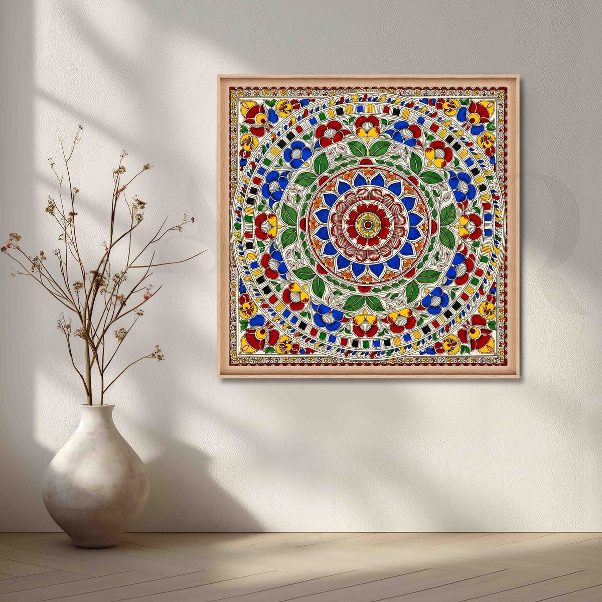 Traditional Floral Mandala Madhubani Canvas Artwork – Asha Art Studio – Image 5