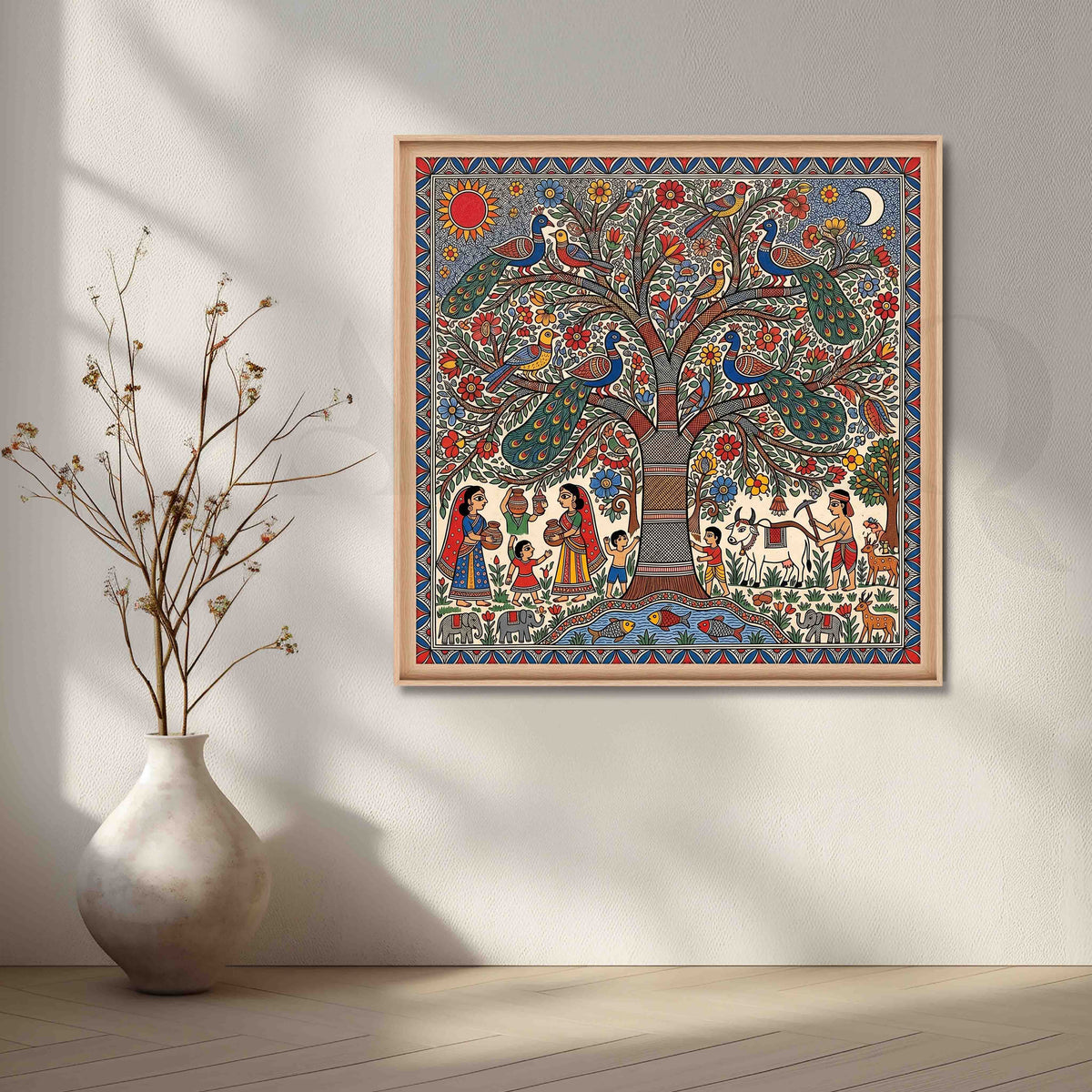 Peacock Tree of Life Madhubani Canvas Artwork – Asha Art Studio – Image 5