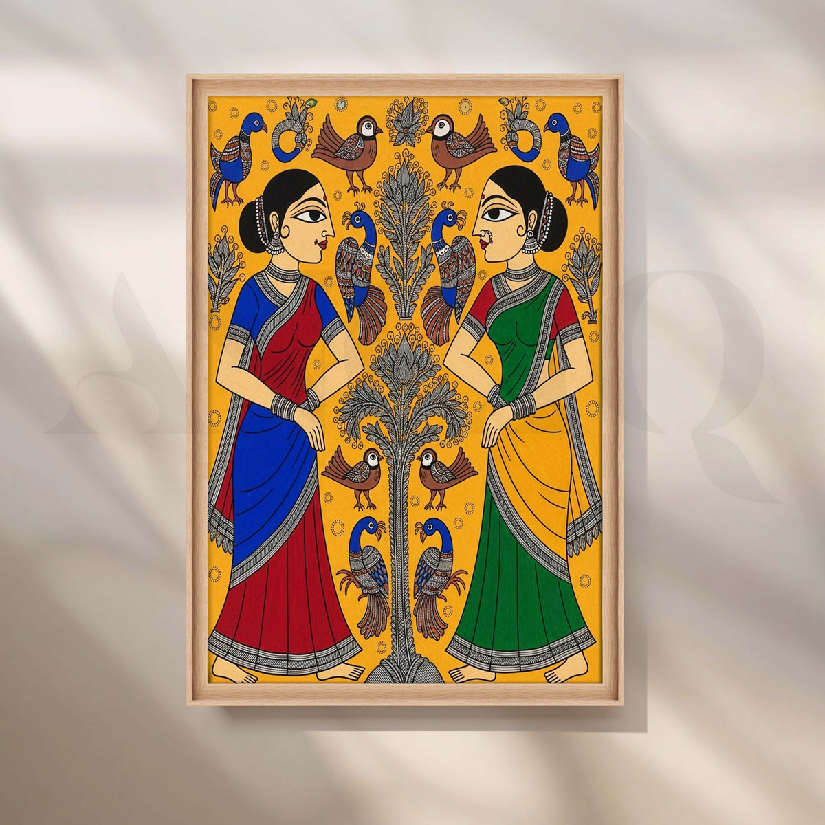 Traditional Women and Birds Madhubani Canvas Artwork – Asha Art Studio – Image 5