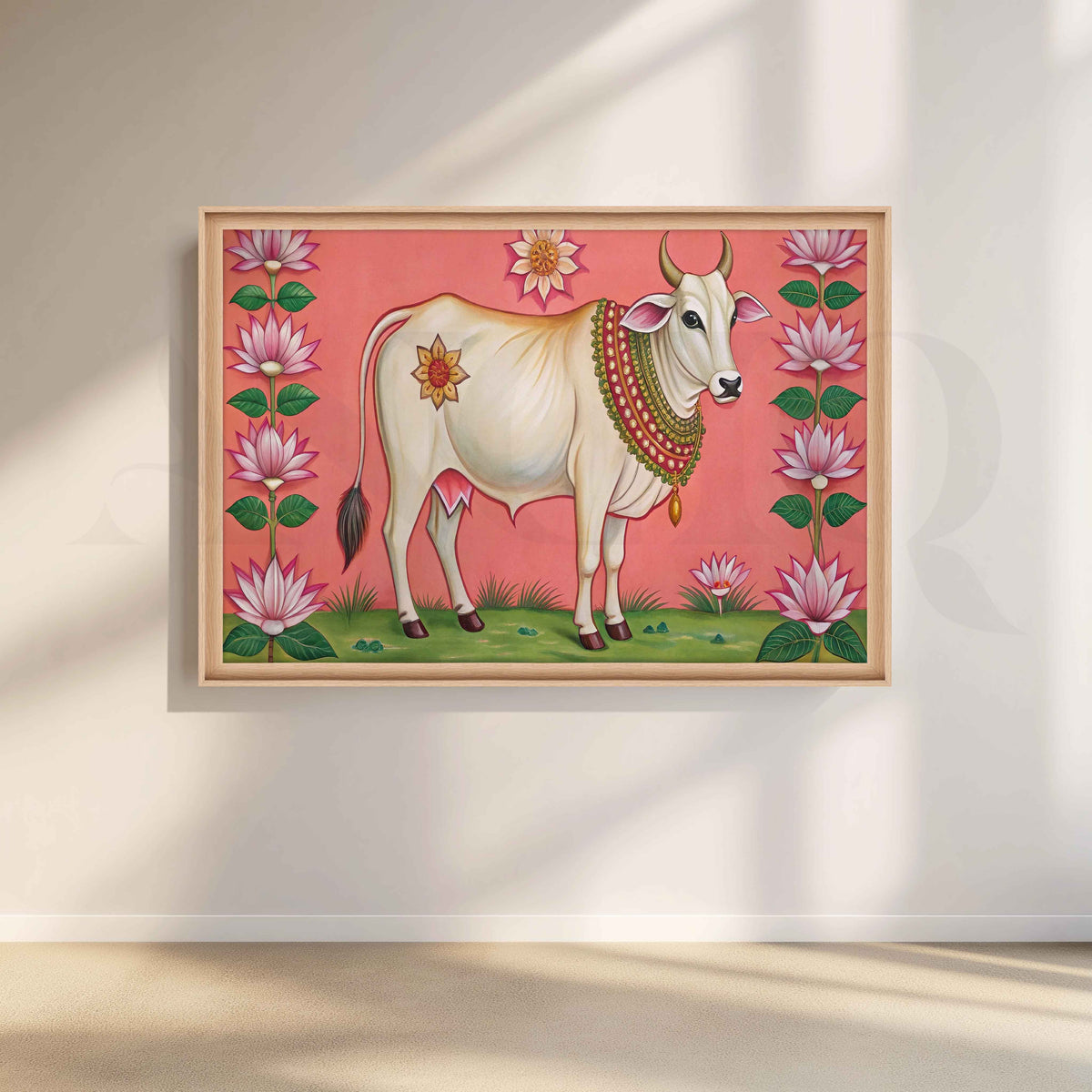 Lotus Framed Sacred Cow Canvas Artwork – Asha Art Studio – Image 5