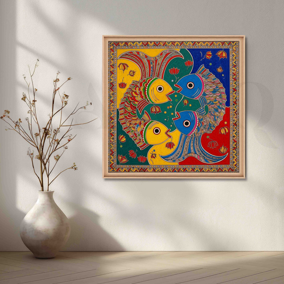 Colourful Fish Motif Madhubani Canvas Artwork – Asha Art Studio – Image 5