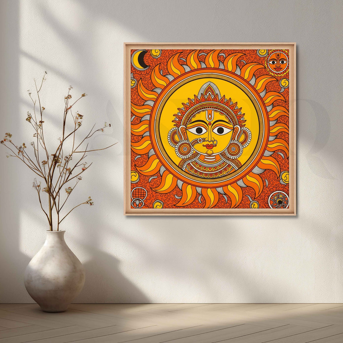 Radiant Surya Dev Madhubani Canvas Artwork – Asha Art Studio – Image 5