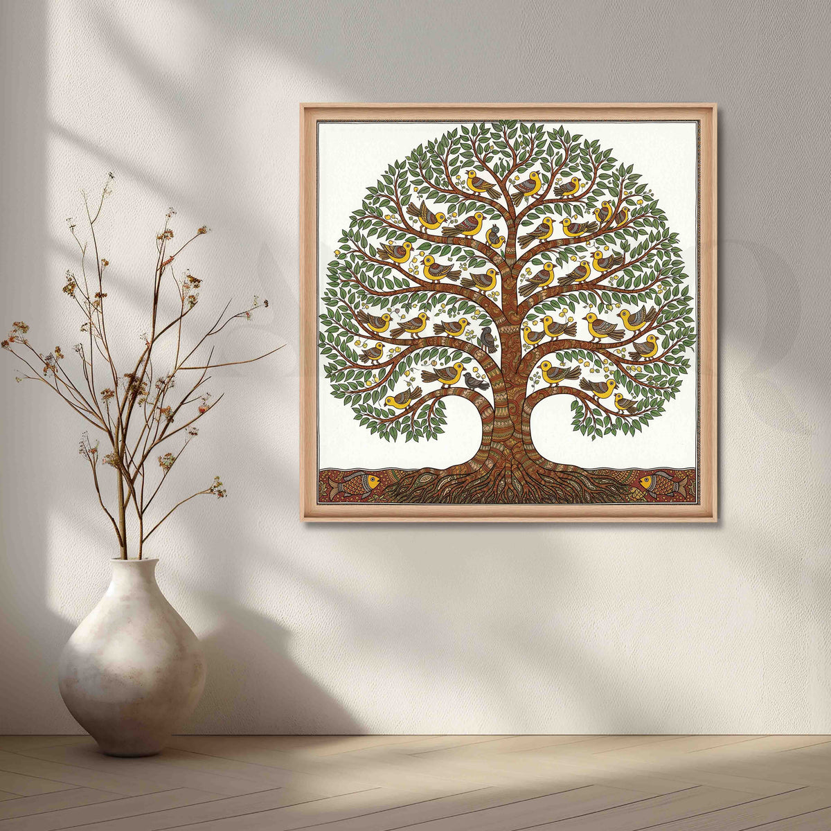 Birds Tree of Life Madhubani Canvas Artwork – Asha Art Studio – Image 5