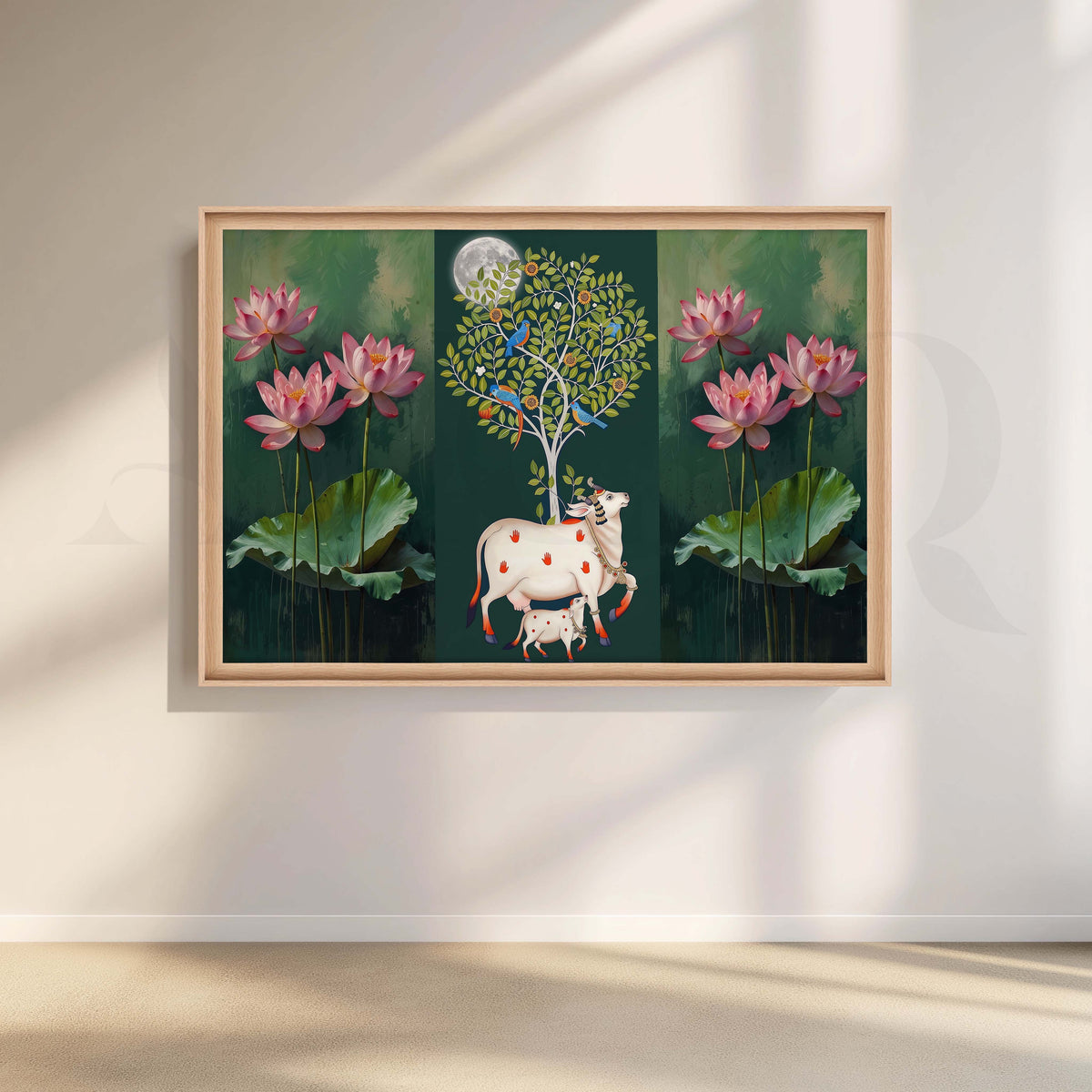 Lotus and Sacred Cow Botanical Canvas Artwork – Asha Art Studio – Image 5