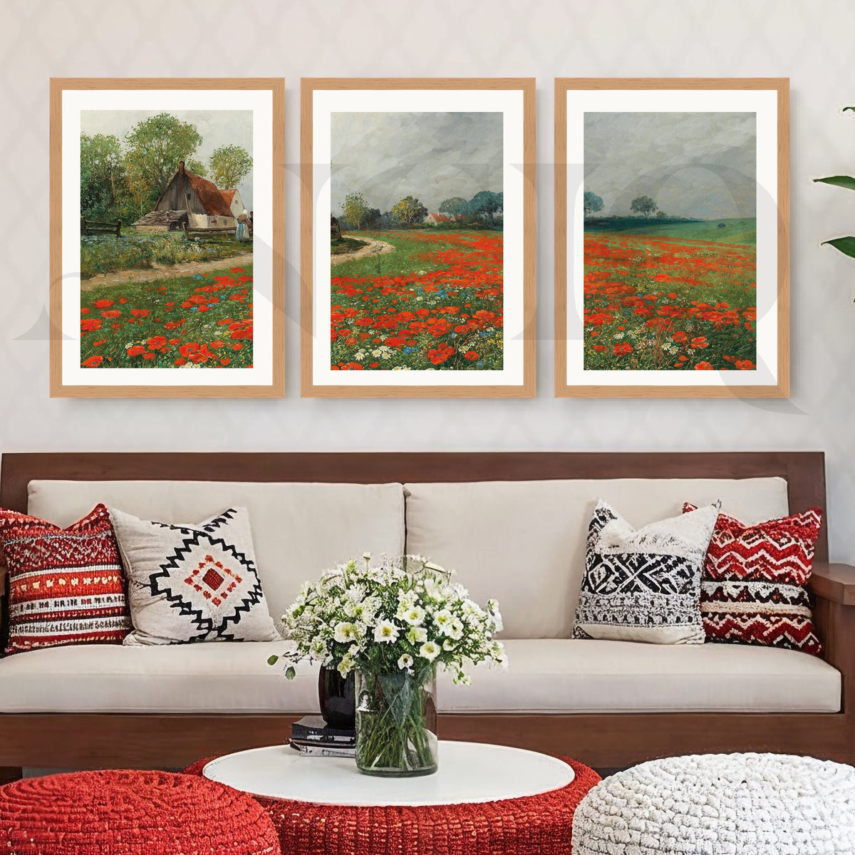 Rustic Poppy Field Landscape Gallery Wall – Set of 3 Impressionist Artworks - 18 x 24 Inches – Asha Art Studio – Image 5