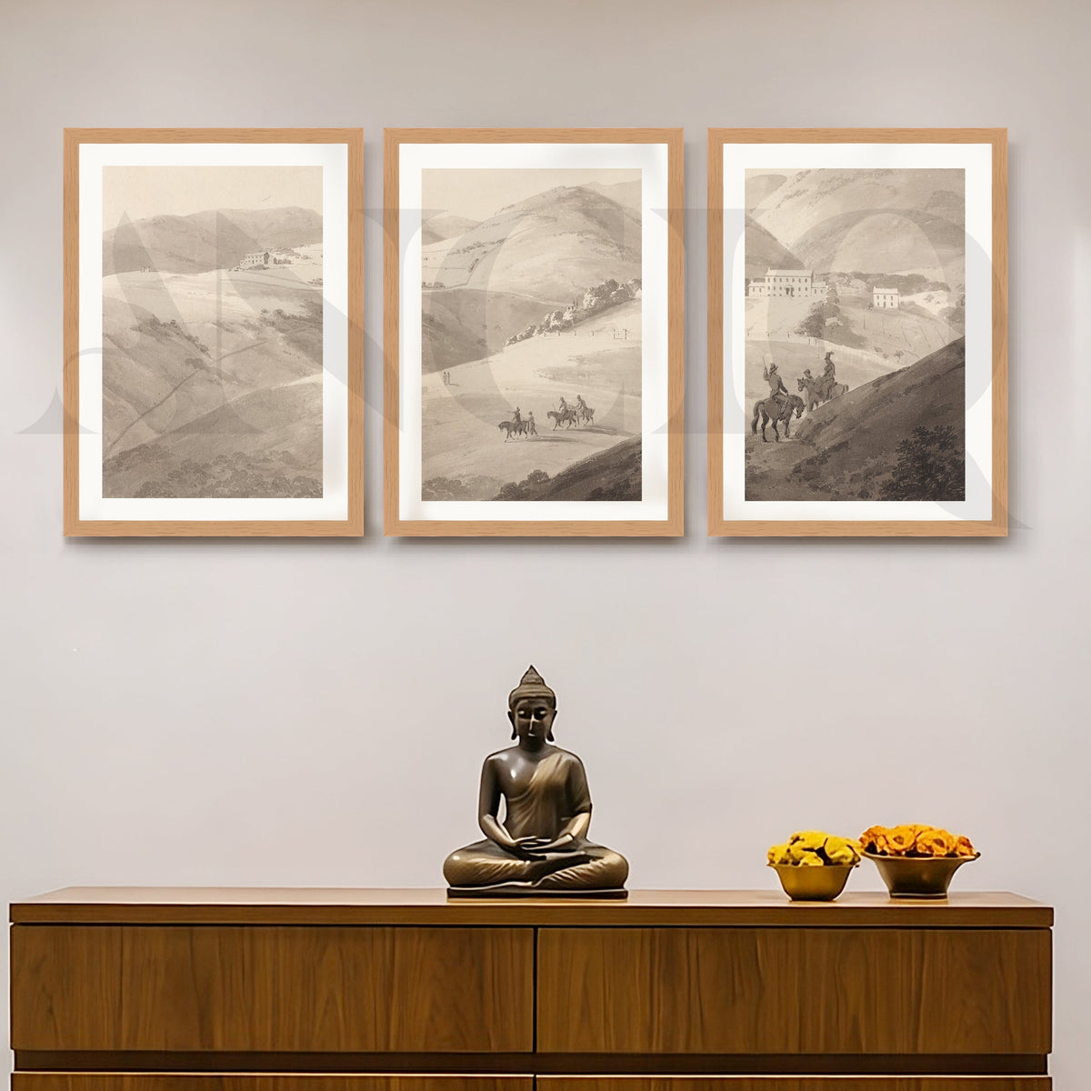 Timeless Countryside Sketch Gallery Wall – Set of 3 Monochrome Landscape Artworks - 18 x 24 Inches – Asha Art Studio – Image…