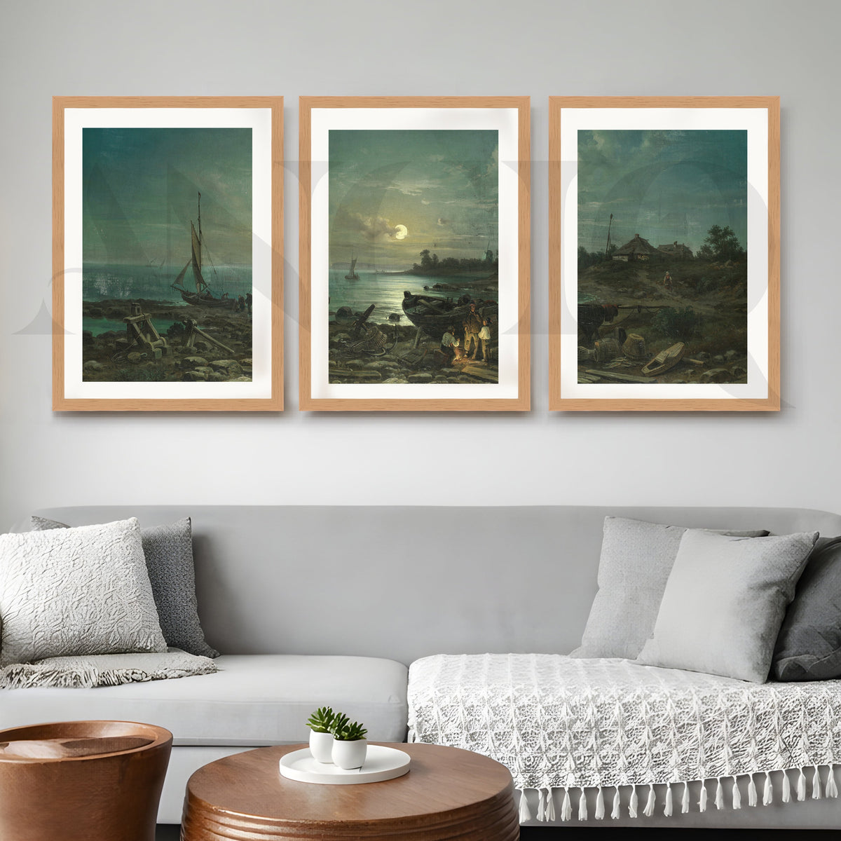 Moonlit Coastal Harbor Gallery Wall – Set of 3 Vintage Maritime Artworks - 18 x 24 Inches – Asha Art Studio – Image 5