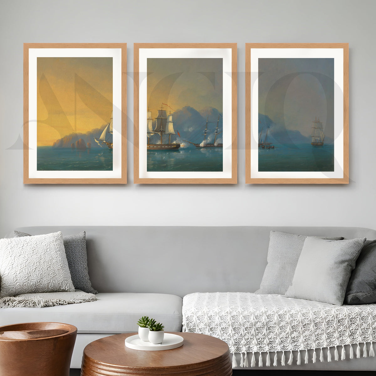 Golden Horizon Sailing Ships Gallery Wall – Set of 3 Classic Seascape Artworks - 18 x 24 Inches – Asha Art Studio – Image 5