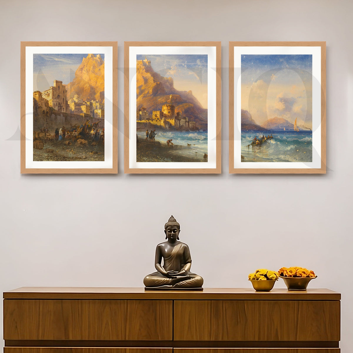 Coastal Mountain Harbour Gallery Wall – Set of 3 Mediterranean Landscape Artworks - 18 x 24 Inches – Asha Art Studio – Image…