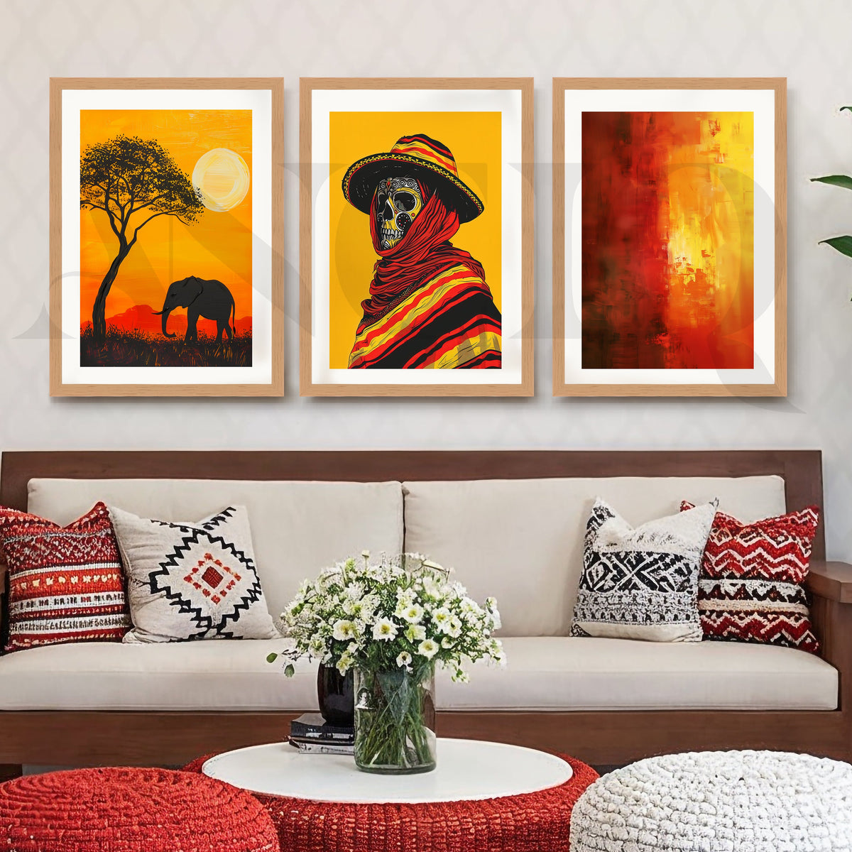 Golden Horizon Tribal Fusion Gallery Wall – Set of 3 Contemporary Artworks - 18 x 24 Inches – Asha Art Studio – Image 5