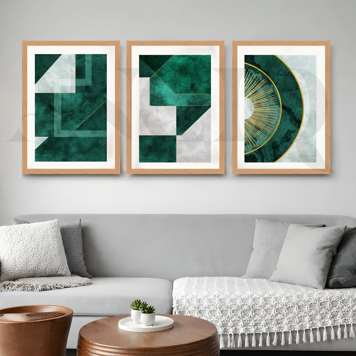 Emerald Luxe Geometry Gallery Wall – Set of 3 Modern Abstract Artworks - 18 x 24 Inches – Asha Art Studio – Image 5