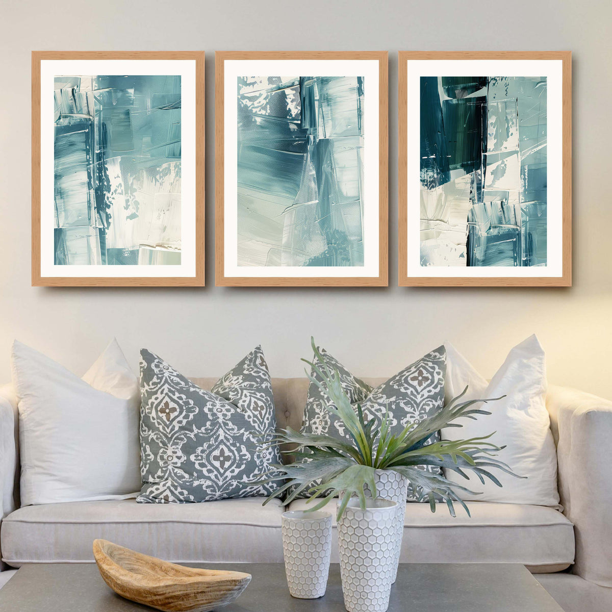 Teal Brush Abstract Gallery Wall Canvas Artwork Set of 3 - 18 x 24 Inches – Asha Art Studio – Image 9