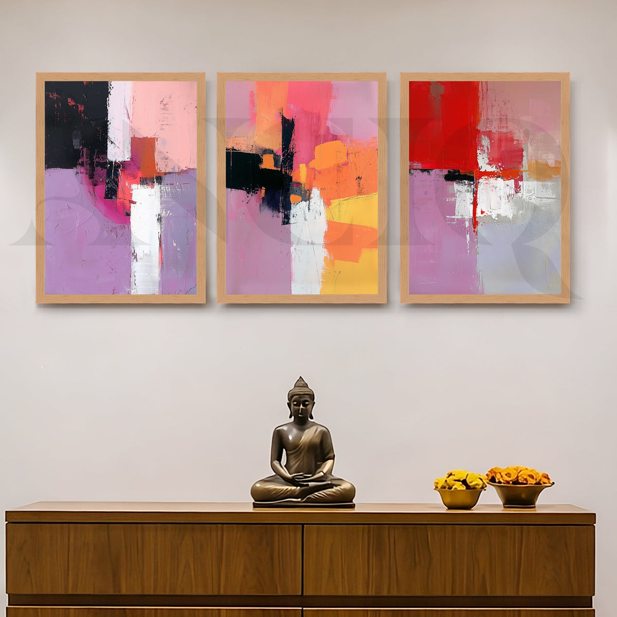 Blush & Crimson Abstract Gallery Wall – Set of 3 Contemporary Artworks - 18 x 24 Inches – Asha Art Studio – Image 9