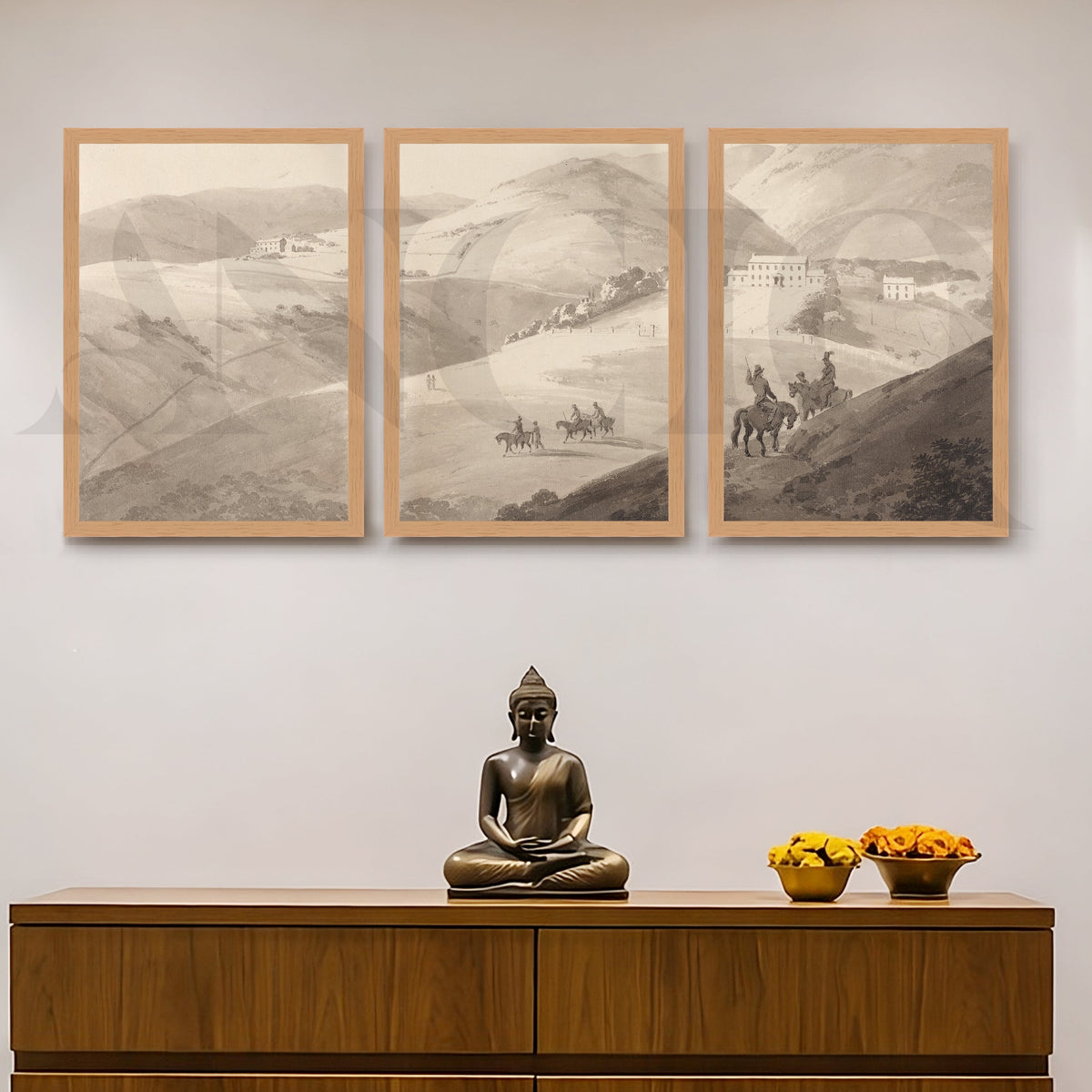 Timeless Countryside Sketch Gallery Wall – Set of 3 Monochrome Landscape Artworks - 18 x 24 Inches – Asha Art Studio – Image…