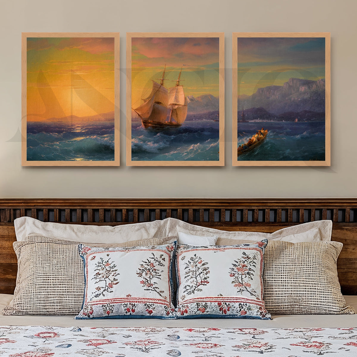 Golden Horizon Sailing Gallery Wall – Set of 3 Vintage Seascape Artworks - 18 x 24 Inches – Asha Art Studio – Image 9