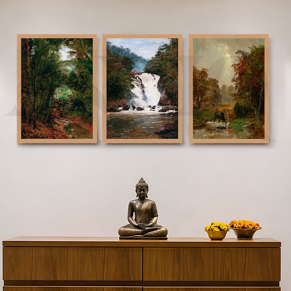 Serene Forest Waterfall Gallery Wall – Set of 3 Nature Landscape Artworks - 18 x 24 Inches – Asha Art Studio – Image 9