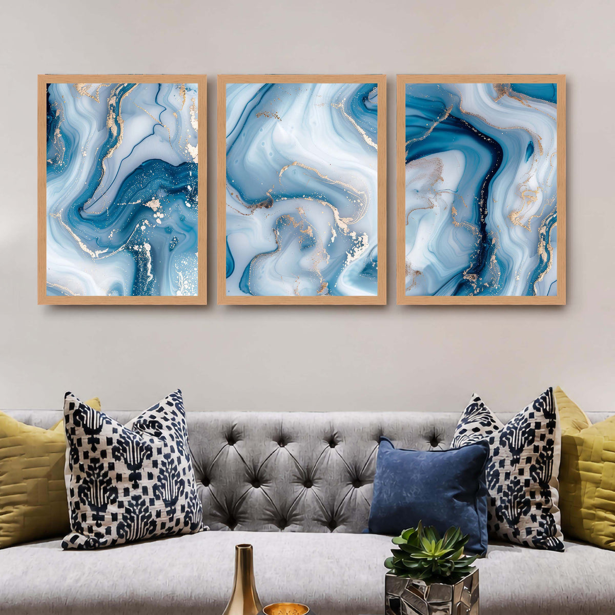 Blue Marble Abstract Gallery Wall Canvas Artwork Set of 3 - 18 x 24 Inches – Asha Art Studio – Image 5