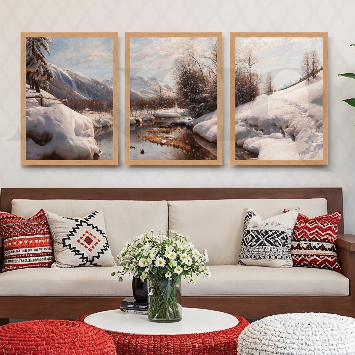 Snowy Alpine River Landscape Gallery Wall – Set of 3 Winter Nature Artworks - 18 x 24 Inches – Asha Art Studio – Image 9