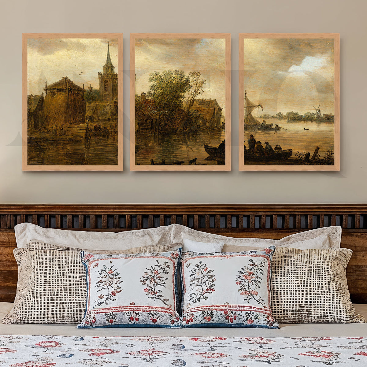 Vintage Riverside Village Gallery Wall – Set of 3 Classic Landscape Artworks - 18 x 24 Inches – Asha Art Studio – Image 9