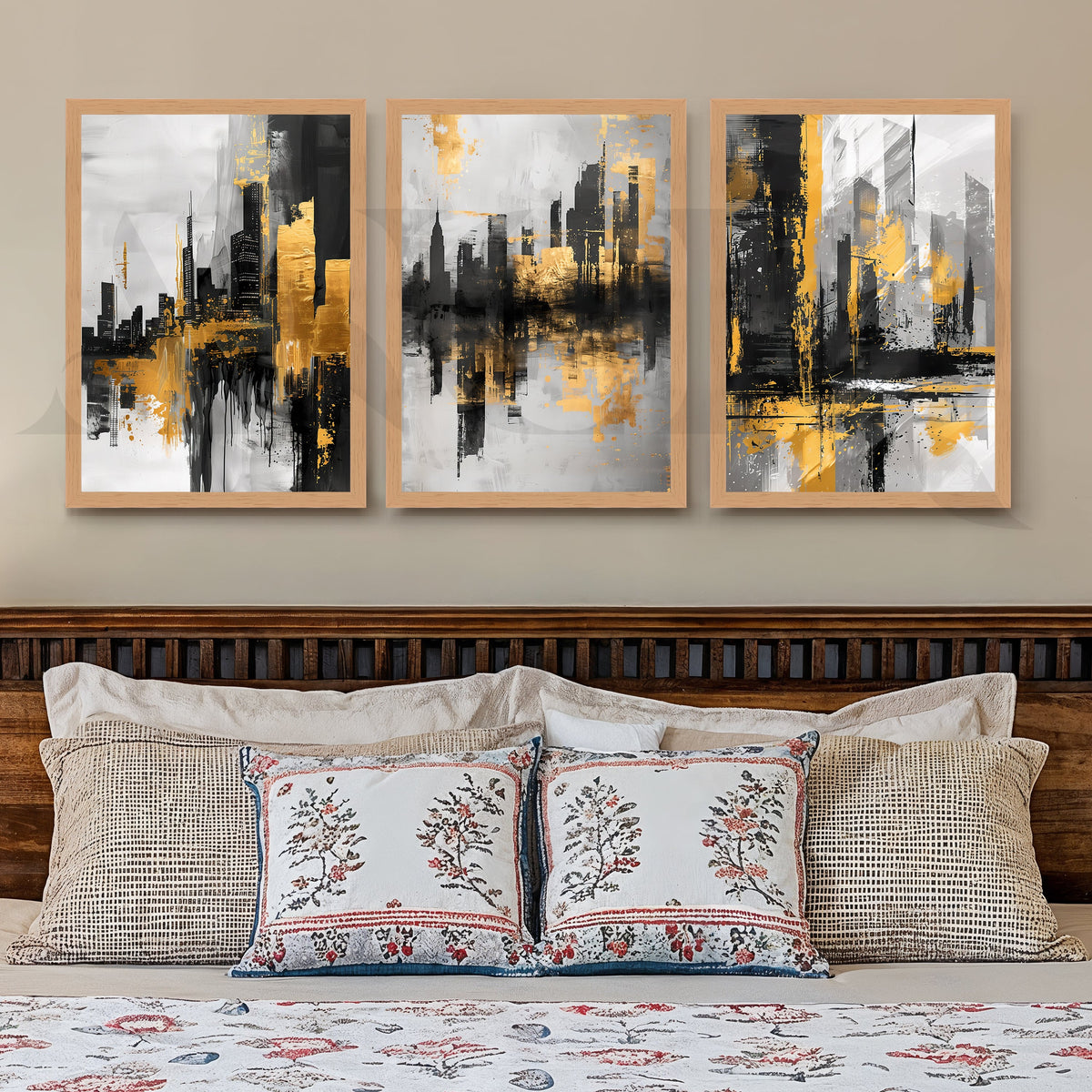 Golden Urban Skyline Gallery Wall – Set of 3 Modern Cityscape Artworks - 18 x 24 Inches – Asha Art Studio – Image 9