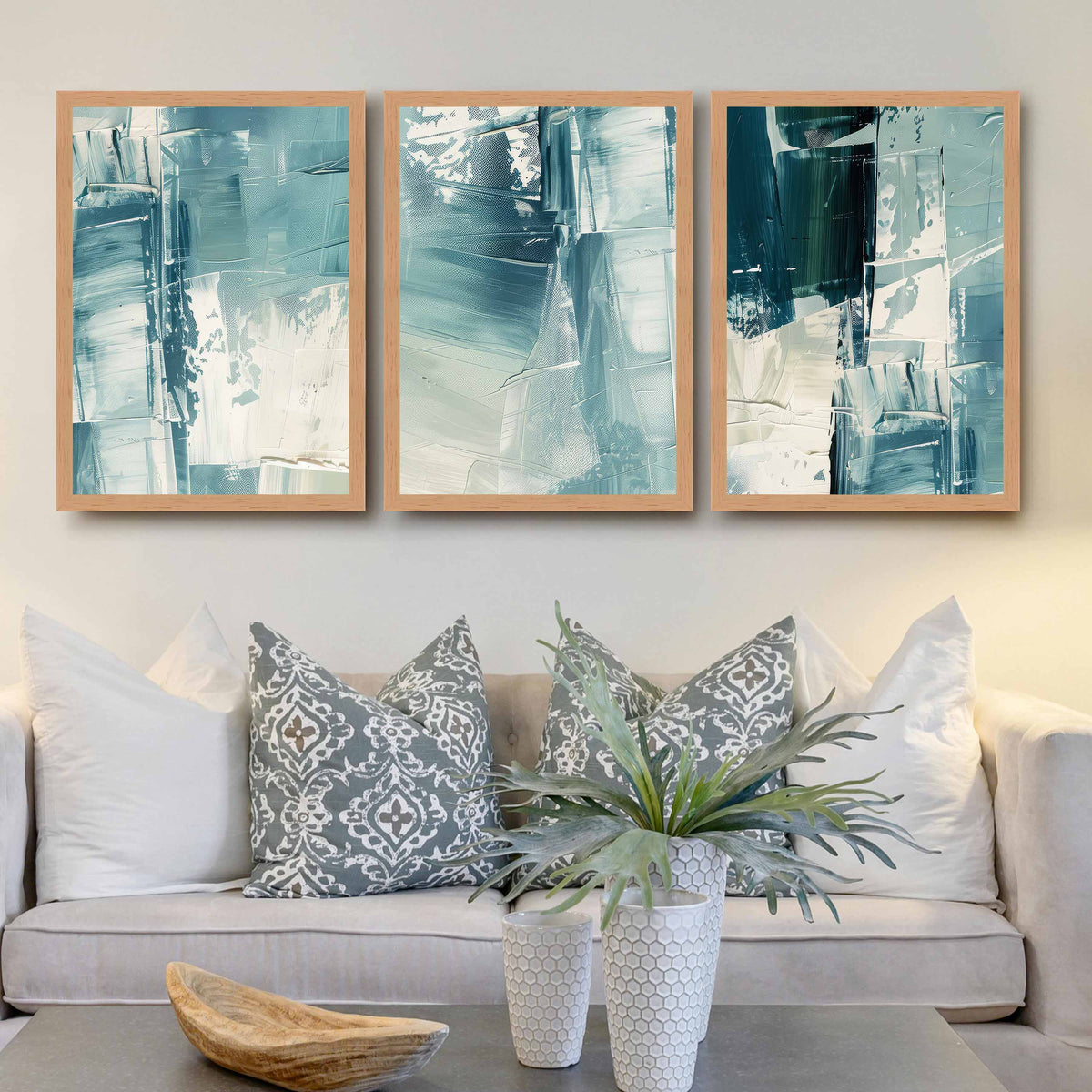 Teal Brush Abstract Gallery Wall Canvas Artwork Set of 3 - 18 x 24 Inches – Asha Art Studio – Image 5