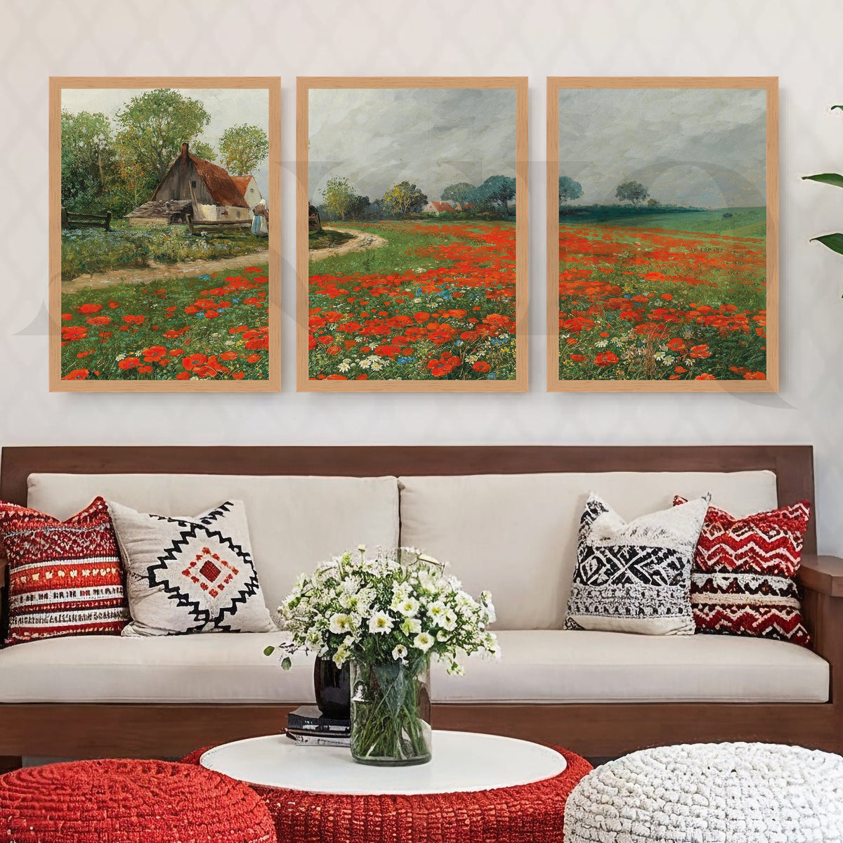 Rustic Poppy Field Landscape Gallery Wall – Set of 3 Impressionist Artworks - 18 x 24 Inches – Asha Art Studio – Image 9