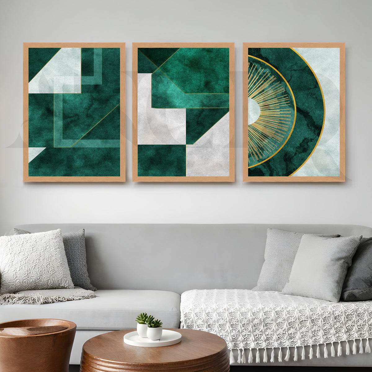Emerald Luxe Geometry Gallery Wall – Set of 3 Modern Abstract Artworks - 18 x 24 Inches – Asha Art Studio – Image 9
