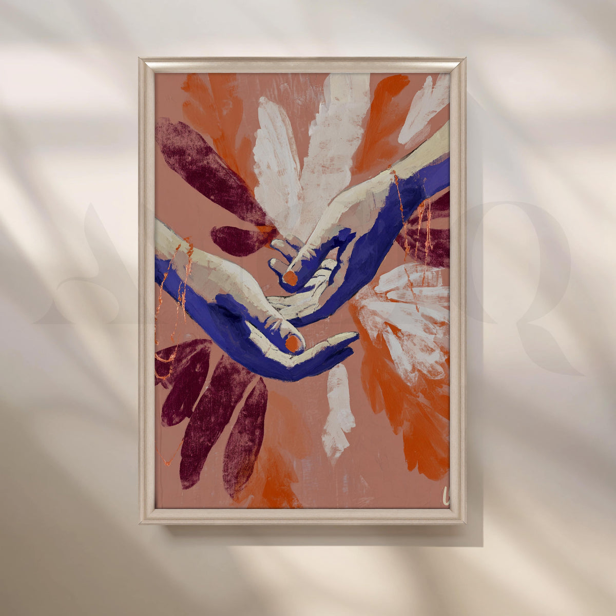 Abstract Hands Canvas Artwork in Terracotta, Blue and Burgundy Tones – Asha Art Studio – Image 4