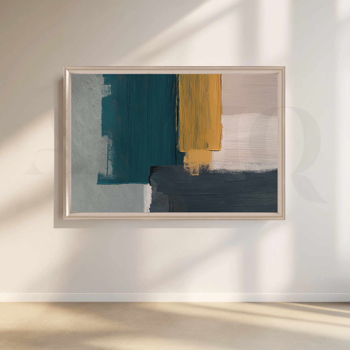 Teal Mustard and Charcoal Geometric Abstract Canvas Artwork – Asha Art Studio – Image 4