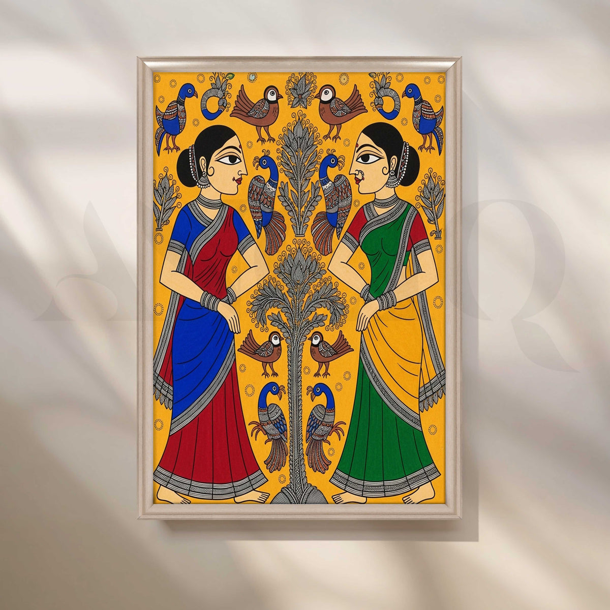 Traditional Women and Birds Madhubani Canvas Artwork – Asha Art Studio – Image 4