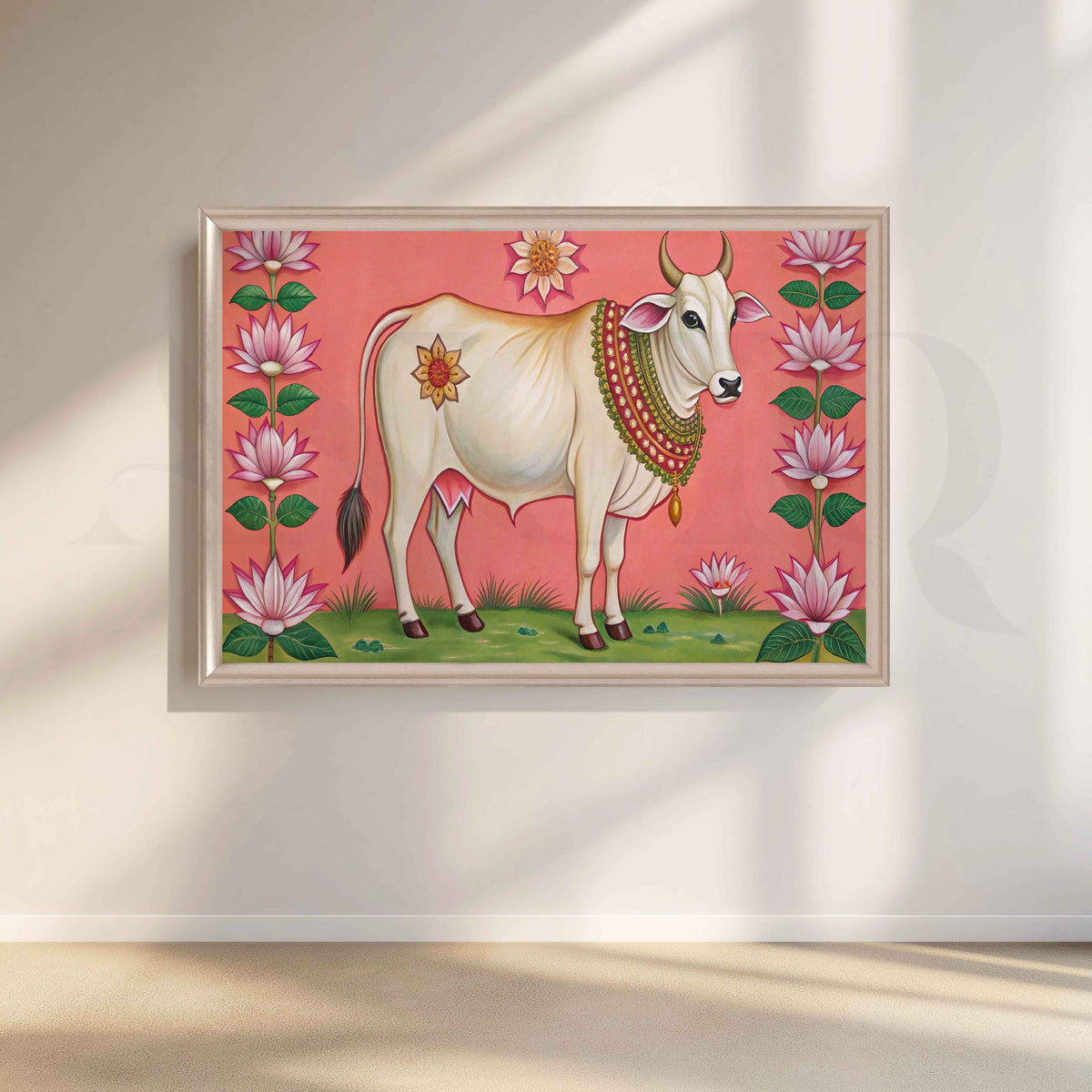 Lotus Framed Sacred Cow Canvas Artwork – Asha Art Studio – Image 4